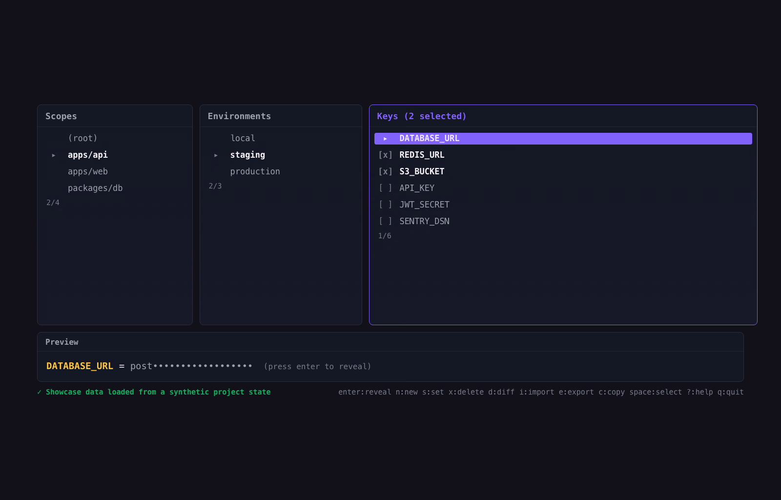 dotenvx-tui terminal interface for managing encrypted .env files